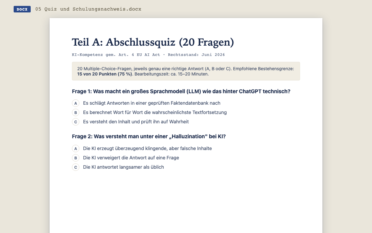 Auszug aus dem Abschlussquiz: die ersten zwei von 20 Multiple-Choice-Fragen zu Sprachmodellen und Halluzinationen, mit Bestehensgrenze 75 %