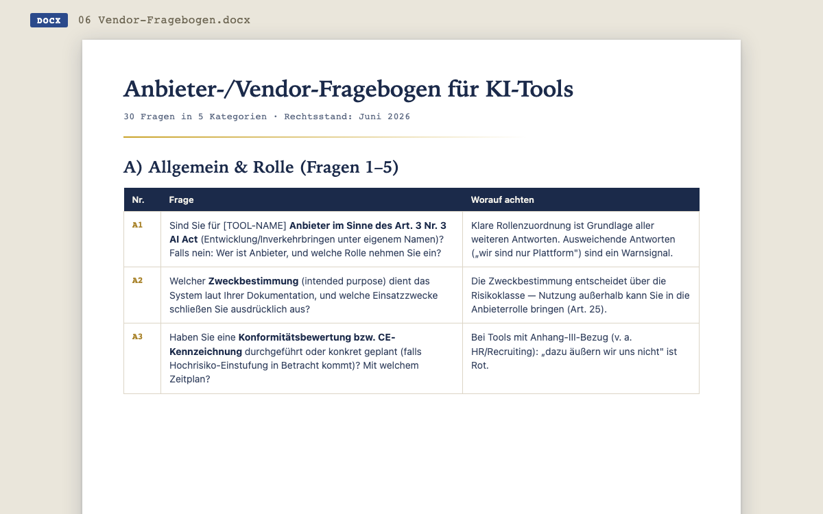 Auszug aus dem Vendor-Fragebogen: Fragen A1 bis A3 zu Anbieterrolle, Zweckbestimmung und Konformitätsbewertung, jeweils mit Hinweisen, worauf zu achten ist