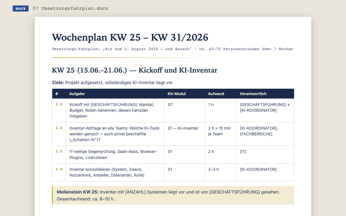 Auszug aus dem Umsetzungsfahrplan: Kickoff-Woche KW 25/2026 mit Aufgaben, Kit-Modulen, Aufwandsschätzungen und Verantwortlichkeiten