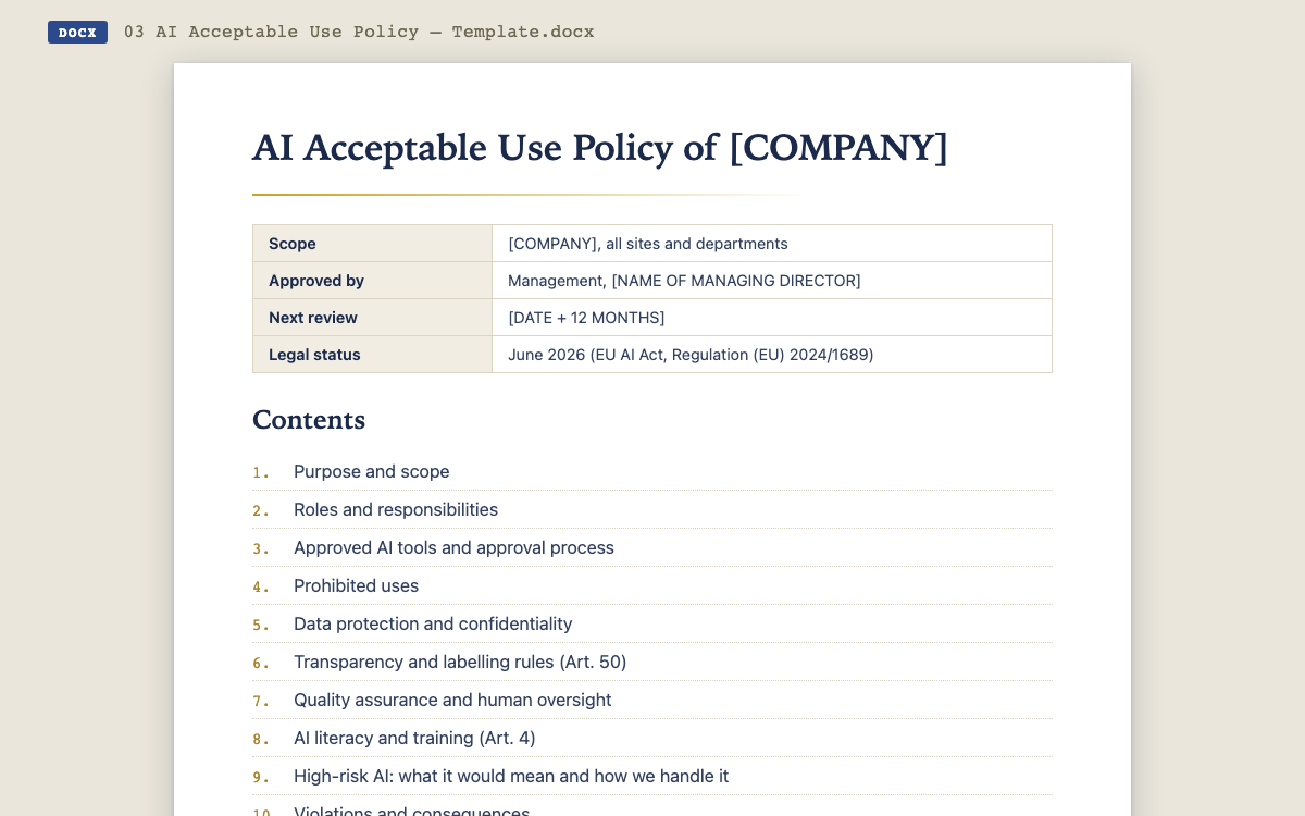 Excerpt from the AI Acceptable Use Policy template: document information block and table of contents with eleven chapters, from purpose and scope to entry into force