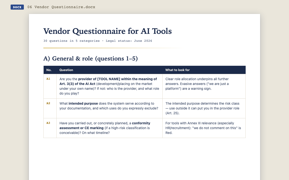 Excerpt from the vendor questionnaire: questions A1 to A3 on provider role, intended purpose and conformity assessment, each with guidance on what to look for