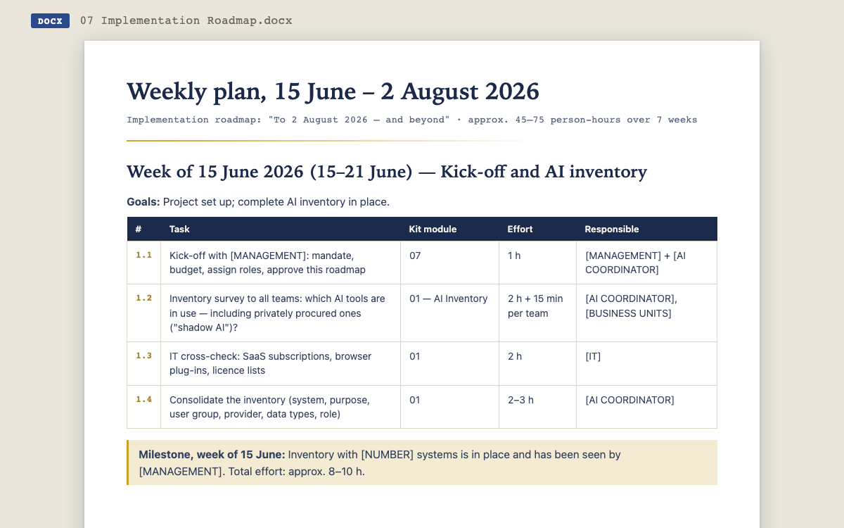 Excerpt from the implementation roadmap: kick-off week of 15 June 2026 with tasks, kit modules, effort estimates and responsibilities